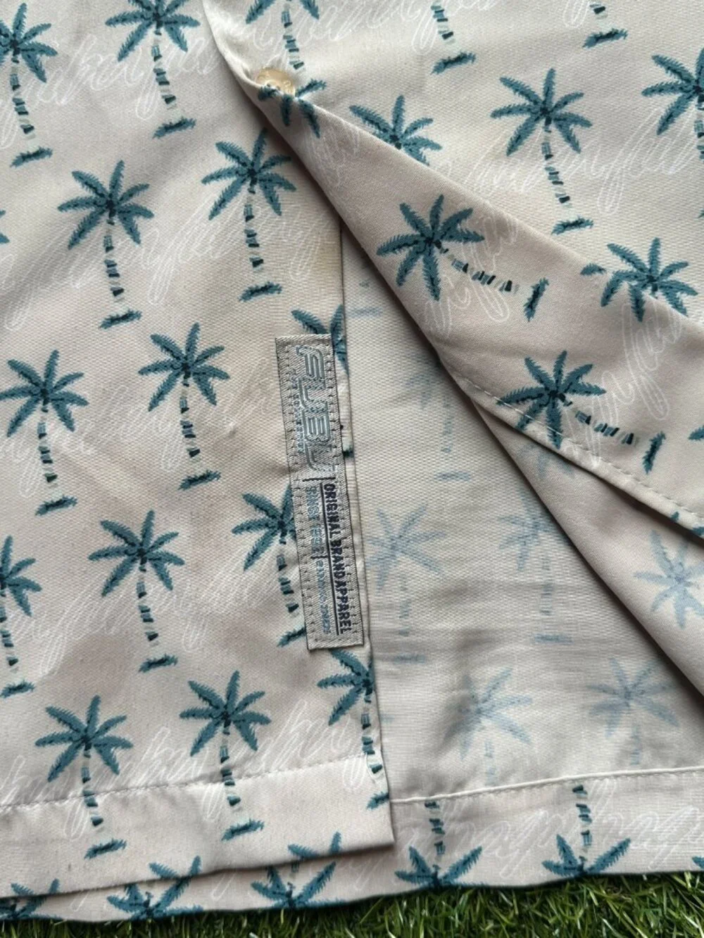 Vintage Y2K FUBU Men's XL Beige Palm Tree Shirt Tropical Vacation Button-Up